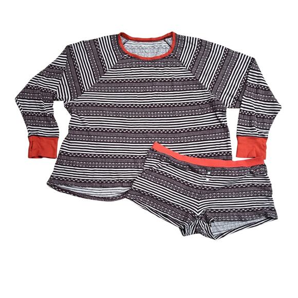 Aerie Maroon Red Fair Isle Long Sleeve Thermal Pajama Short Set Womens Large - Picture 1 of 9